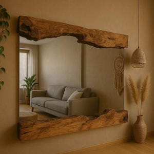Handmade Olive Wood Natural Mirror - Wooden Live Edge Mirror - Irregular Wood Frame Decorative Mirror - Wall Live Modern Wood Mirror