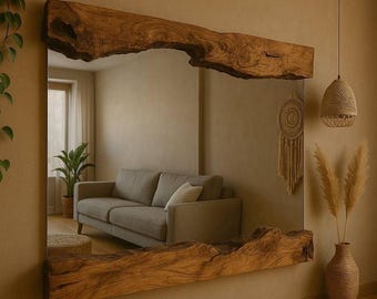 Handmade Olive Wood Natural Mirror - Wooden Live Edge Mirror - Irregular Wood Frame Decorative Mirror - Wall Live Modern Wood Mirror
