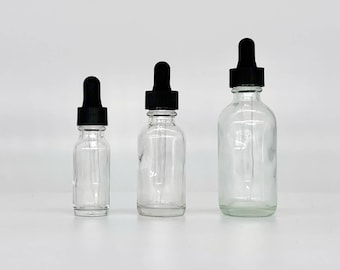 Clear Dropper Bottles / Glass Tincture - Choose Size 1/2oz, 1oz, 2oz - Essential Oils, Black Tip Glass Droppers