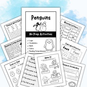 Op de afbeelding: Een verzameling zwart-wit educatieve werkbladen met pinguïns. Het hoofdblad luidt "Penguins No Prep Activities" en bevat activiteiten voor logica, woordenschat, wiskunde, kleuren en leesvaardigheid. Andere bladen bevatten woordzoekers, oefeningen en woordenschat.