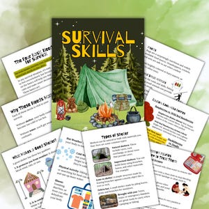 Può includere: Una raccolta di guide illustrate sulle abilità di sopravvivenza. L'immagine centrale presenta una tenda, un falò e attrezzature, con il testo "Survival Skills". Ulteriori schede riguardano il riparo, il pronto soccorso e l'identificazione di piante commestibili.