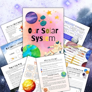 Peut inclure: Ensemble de documents imprimables éducatifs sur le système solaire. L'image principale affiche le titre "Our Solar System" avec des illustrations de planètes, un astronaute et des étoiles. D'autres pages traitent de la Voie lactée et des faits sur les planètes.