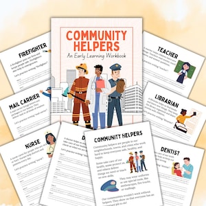 May include: An early learning workbook titled "Community Helpers" with illustrations of community workers. The cover features a firefighter, doctor, and police officer. Additional pages show a mail carrier, nurse, teacher, librarian, and dentist.
