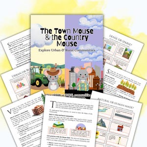 Peut inclure: Affiche éducative intitulée "La Souris des villes et la Souris des champs" explorant les communautés urbaines et rurales. Avec des souris de dessins animés, un tracteur, des paysages urbains et du texte. Comprend des feuilles de travail.