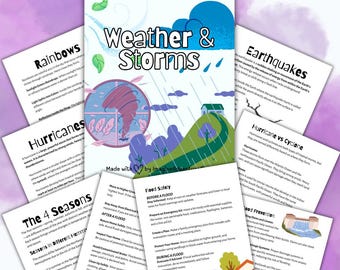 May include: A collection of educational printables about weather and storms. The central image features a colorful illustration of a tornado. Other pages cover topics like rainbows, hurricanes, earthquakes, and flood safety. The title "Weather & Storms" is prominently displayed.