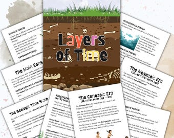 May include: Educational poster titled "Layers of Time" with illustrations of geological eras. The poster features text and graphics depicting the Earth's history, including the Paleozoic, Mesozoic, and Cenozoic eras, with images of dinosaurs and early life forms.