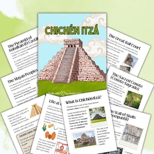 May include: A colorful educational poster about Chichén Itzá, featuring a detailed illustration of the pyramid El Castillo. The poster includes text about the Mayan civilization, the Great Ball Court, and the Sacred Cenote. The text includes the words "Chichén Itzá".