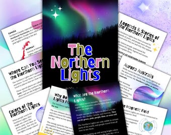 May include: A collection of educational cards about the Northern Lights, featuring a central card with a vibrant aurora borealis illustration and the text The Northern Lights, surrounded by informational sheets with headings like Legends & Stories and Colours.