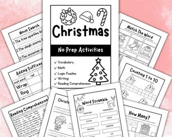 Op de afbeelding: Een verzameling zwart-wit kerstactiviteitenbladen. Het centrale blad luidt "Christmas No Prep Activities" en bevat woordenschat, wiskunde, logische puzzels, schrijf- en leesvaardigheidsoefeningen. Andere bladen bevatten woordzoekers en telactiviteiten.