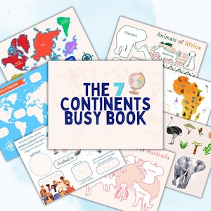 Puede incluir: Un conjunto de hojas de actividades educativas para niños, con mapas de continentes y océanos, ilustraciones de animales y el título "THE 7 CONTINENTS BUSY BOOK". Las hojas incluyen datos curiosos y elementos interactivos.