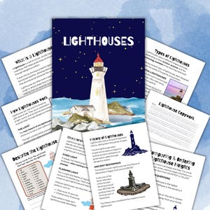 May include: Educational poster set about lighthouses, featuring illustrations and text. The main image shows a watercolor lighthouse with a red top, set against a dark blue background with the word "LIGHTHOUSES". Other pages detail lighthouse types, history, and functions.