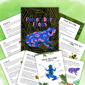 May include: A collection of educational materials about poison dart frogs. The central image is a blue frog with pink spots. Other pages detail the frog's anatomy, life cycle, and fun facts. The text includes "Poison Dart Frogs" and "Anatomy".