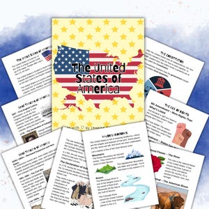 Op de afbeelding: Educatieve posterset over de Verenigde Staten van Amerika, met de Amerikaanse vlag, een kaartomtrek en informatieve tekst. Bevat tijdlijnen, details over landvormen en de Bill of Rights.