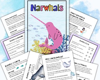 May include: A collection of educational worksheets about narwhals featuring a central page with a pink narwhal illustration, the title Narwhals in colorful letters, and surrounding pages with text, diagrams, and facts about marine life.
