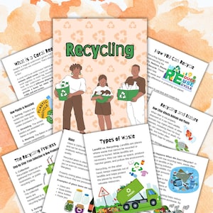 Puede incluir: Ilustración educativa sobre el reciclaje, con tres personas sosteniendo contenedores de reciclaje. Tarjetas informativas detallan los procesos de reciclaje, los tipos de residuos y cómo reciclar. La palabra "Reciclaje" se muestra de forma destacada.