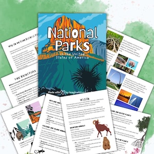 May include: A colorful educational poster titled "National Parks in the United States of America." The poster features illustrations of national park landscapes and information about wildlife, wetlands, and land plants. Includes text about the most visited parks.