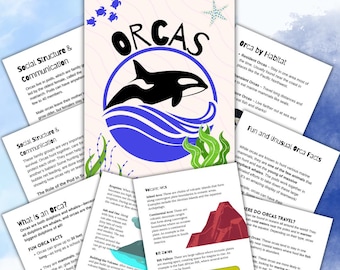 May include: A poster with the word "ORCAS" in large letters, featuring a black and white orca whale illustration. The design includes blue waves and green seaweed, with additional informational cards.