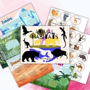 Peut inclure: Activité de livre d'activités sur les habitats des animaux. L'image présente des cartes avec des illustrations d'animaux, comme des lions, des éléphants et des girafes, ainsi que des descriptions de biomes tels que la toundra et le désert. Le titre "ANIMAL HABITATS" est visible.