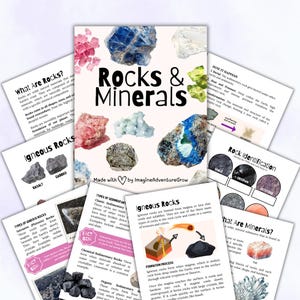 May include: Educational cards titled "Rocks & Minerals" featuring illustrations of rocks and minerals. The cards provide information on rock types and formation processes, with diagrams and text. The image is designed for educational use.