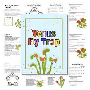 May include: A colorful educational poster about the Venus Flytrap plant. The poster includes a life cycle diagram, a quiz, and fun facts about the plant. The poster is illustrated with cartoon images of the Venus Flytrap.