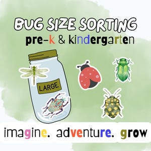 May include: A green background with a white jar labeled "LARGE" with a dragonfly, a beetle, and a ladybug inside.  There are three other bugs on the background: a ladybug, a beetle, and a green beetle. The text "BUG SIZE SORTING pre-k & kindergarten imagine. adventure. grow" is at the top and bottom of the image.