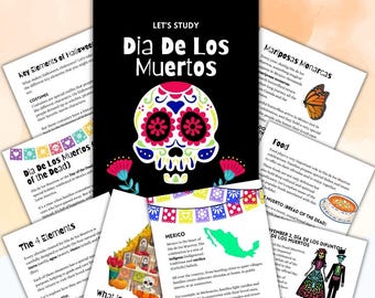 May include: A collection of informational cards about Dia de los Muertos, featuring a central card with a sugar skull design. Other cards discuss elements like food, the four elements, and monarch butterflies.