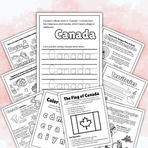 Puede incluir: Un conjunto de hojas de trabajo educativas sobre Canadá. Las hojas de trabajo incluyen información sobre palabras canadienses, la bandera, los territorios y los pueblos indígenas. Las páginas son blancas con texto e ilustraciones en negro.