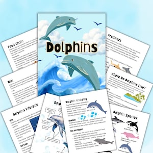 May include: A collection of educational materials about dolphins. The main image features a blue dolphin leaping from a wave, with the word "Dolphins" in large black letters. Several smaller informational cards are also visible.