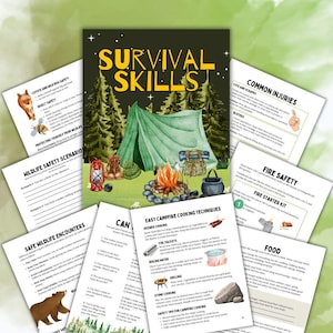 Op de afbeelding: Een verzameling educatieve overlevingsvaardigheidsbladen met een centrale poster met een groene tent, kampvuur en bosillustratie. De pagina's bevatten tekst over veiligheid in de natuur, veelvoorkomende verwondingen en kooktechnieken.
