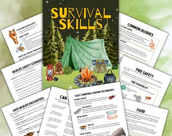 May include: A collection of educational survival skills sheets featuring a central poster with a green tent, campfire, and forest illustration. The pages include text on wildlife safety, common injuries, fire safety, and campfire cooking techniques.