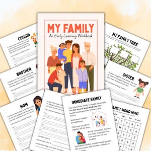 May include: A children's workbook titled "MY FAMILY" with illustrations of family members. The workbook includes pages for writing about family members, a family tree, and a word search. The cover features a family portrait.