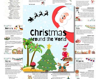 May include: A colorful illustration depicting Christmas traditions around the world. The image features Santa Claus, a Christmas tree, and various cultural symbols, including a Yule Lads, a Christmas market, a Nativity scene, a Christmas BBQ, a Midnight Mass, and a Parol. The text "Christmas Around the World" is displayed in a large, bold font.