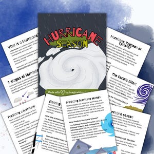 May include: A collection of educational cards about hurricanes. The central card displays "HURRICANE SEASON" in red and green. Other cards explain hurricane formation, prediction, and effects. The background is a watercolor wash.