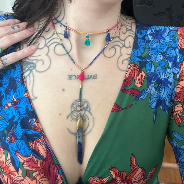 Bohemian beaded necklace with Lapis Lazuli • seed beaded necklace • boho necklace • Ibiza jewelry • crystal jewelry • tassel necklace