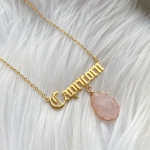 Zodiac crystal gemstone necklace • Capricorn • Rose Quartz gold