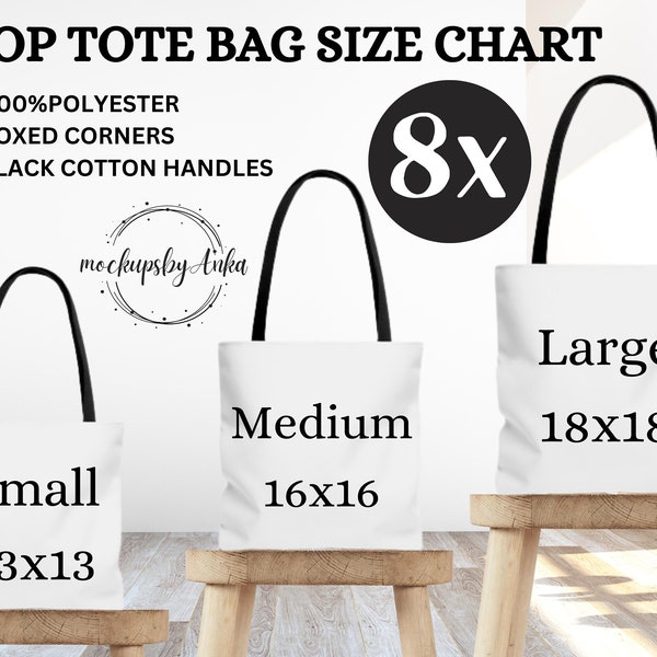 8xAOP Tote Bag Size Chart, AOP Tote Size Chart, Tote Bag Mockup Printify, AOP Tote Bag Size Mockup, Fotografía de stock, Descarga instantánea