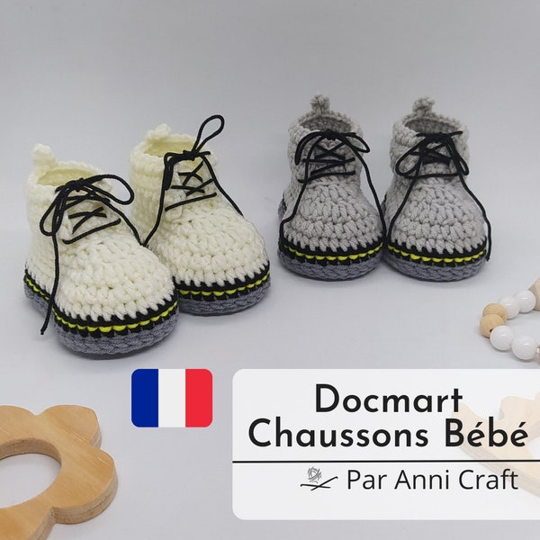 Modello Pdf Scarpine per Neonati, Docmart Chaussons Bébé Patron au Crochet en Français, in francese