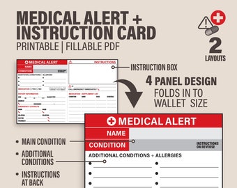 Medical Alert ID With Customisable Emergency Instructions Med List Emergency Contact Wallet Card | Printable Fillable Instant Download