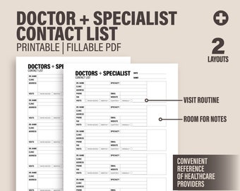 Doctors Specialist Contact List With Detailed Contact Information Visit Routine And Notes | Printable Fillable Instant Download