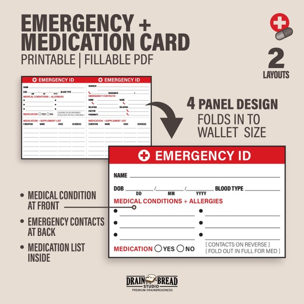 Emergency ID Card With Medical Conditions Medication List Emergency Contacts Wallet Card | Printable Fillable Instant Download