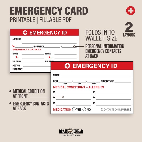 Emergency ID Card With Medical Conditions Emergency Contacts Wallet Card | Printable Fillable Instant Download