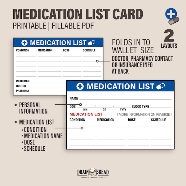 Medication List Card With Medication List Wallet Card Fill And Print Your Own | Printable Fillable Instant Download