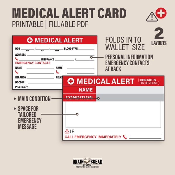 Medical Alert ID With Customisable Emergency Instructions Emergency Contact Wallet Card | Printable Fillable Instant Download