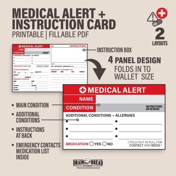 Medical Alert ID With Customisable Emergency Instructions Med List Emergency Contact Wallet Card | Printable Fillable Instant Download