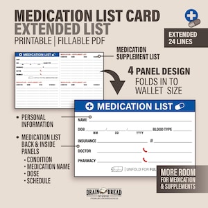 Tarjeta de lista de medicamentos Lista extendida Lista de medicamentos Tarjeta de billetera Llene e imprima su propia descarga instantánea rellenable / imprimible