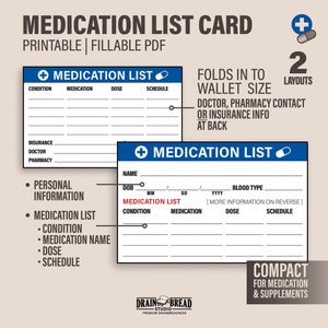 Medikamente Liste Karte Mit Medikamente Liste Brieftasche Karte Füllen und Drucken Sie Ihre Eigene | Druckbare befüllbare Sofort-Download