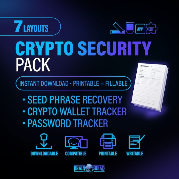 Crypto Wallet Tracker Seed Phrases Recovery Backup Passphrase Log Private Key Security Pack | Printable & Fillable Instant Download PDF