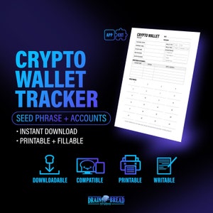Crypto Wallet Tracker Frases semilla Recuperación Copia de seguridad Registro de frase de contraseña Clave privada / Carta / A4 Descarga instantánea PDF