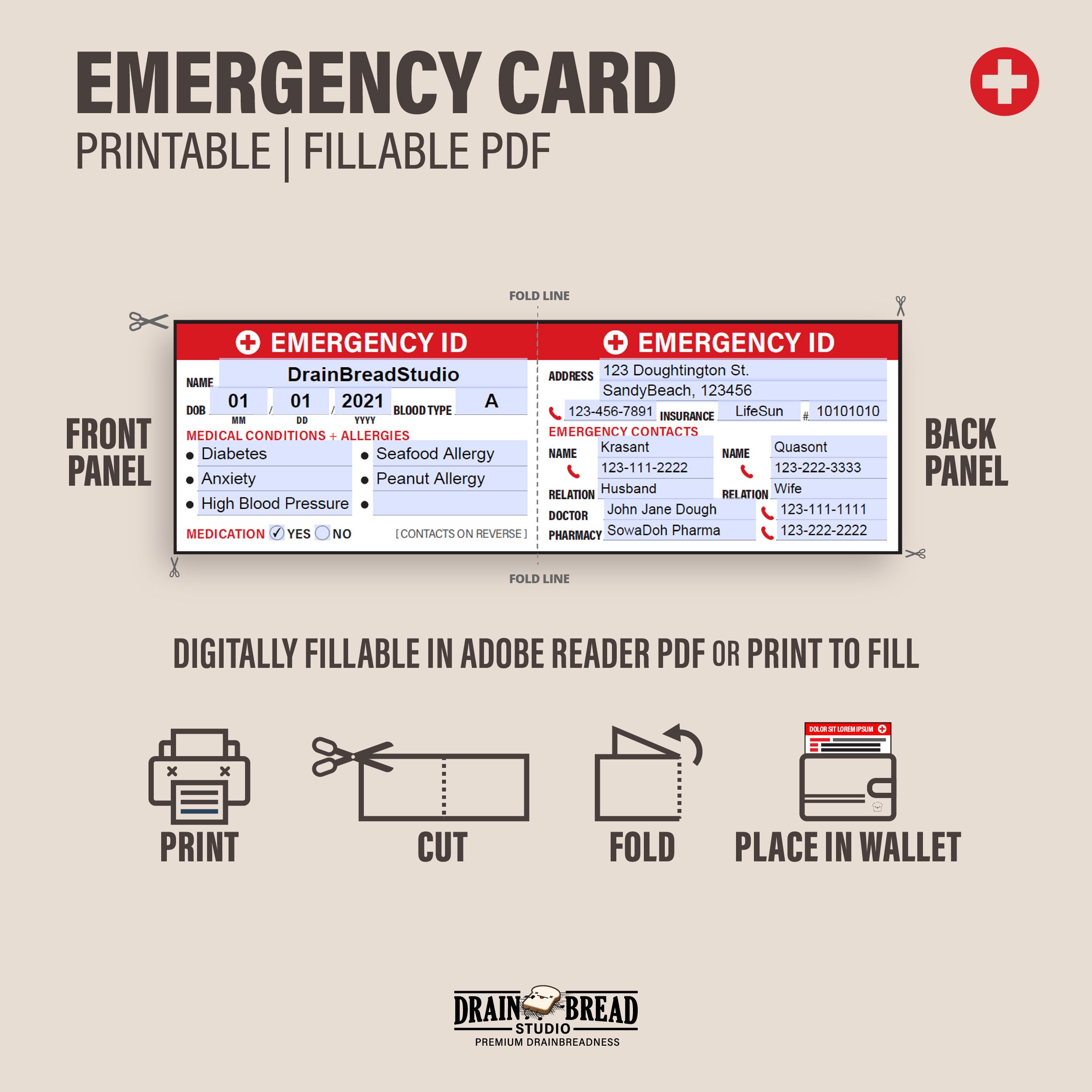 Emergency ID Card With Medical Conditions Emergency Contacts Wallet ...