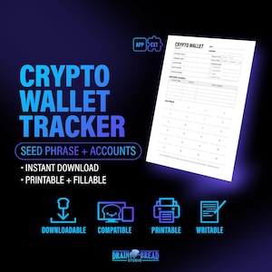 Crypto Wallet Tracker Seed Phrases Recovery Backup Passphrase Log Private Key | Letter/A4 Instant Download PDF